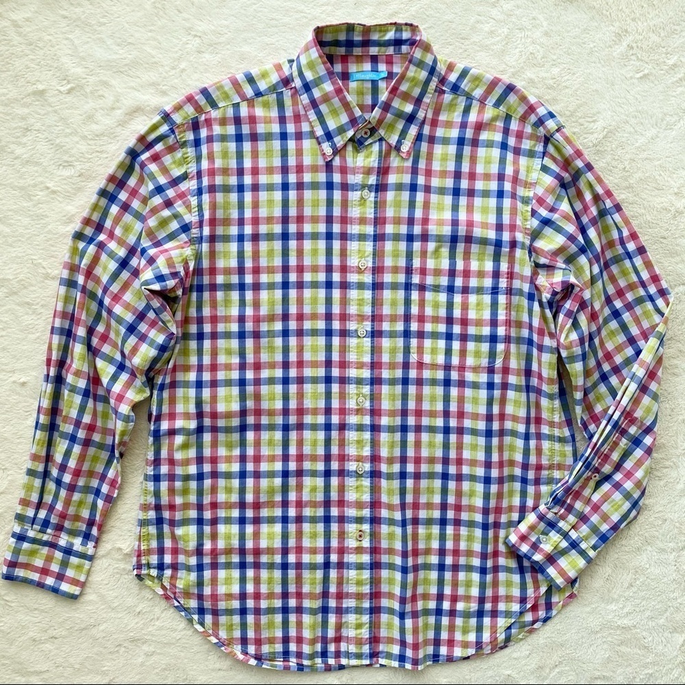 J.McLaughlin blue pink plaid button down shirt 100% cotton size medium